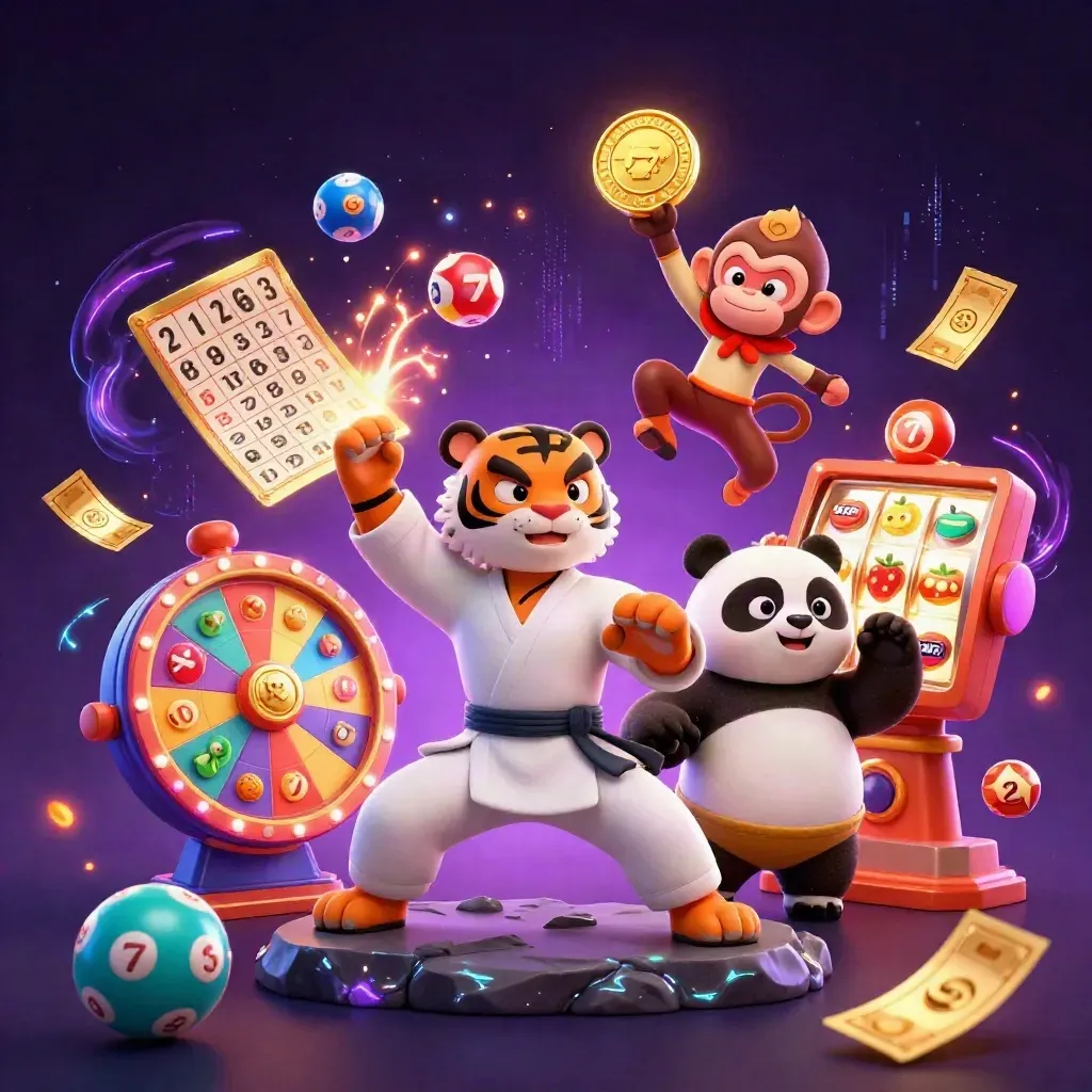 Three cartoon casino heroes pose amid jackpots, lottery balls, reels, and glowing neon magic.