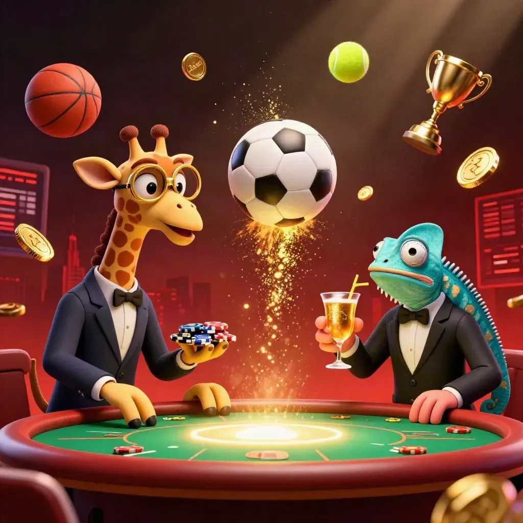 Low-angle soccer burst with giraffe dealer, monkey valet, chameleon bartender, coins and floodlights