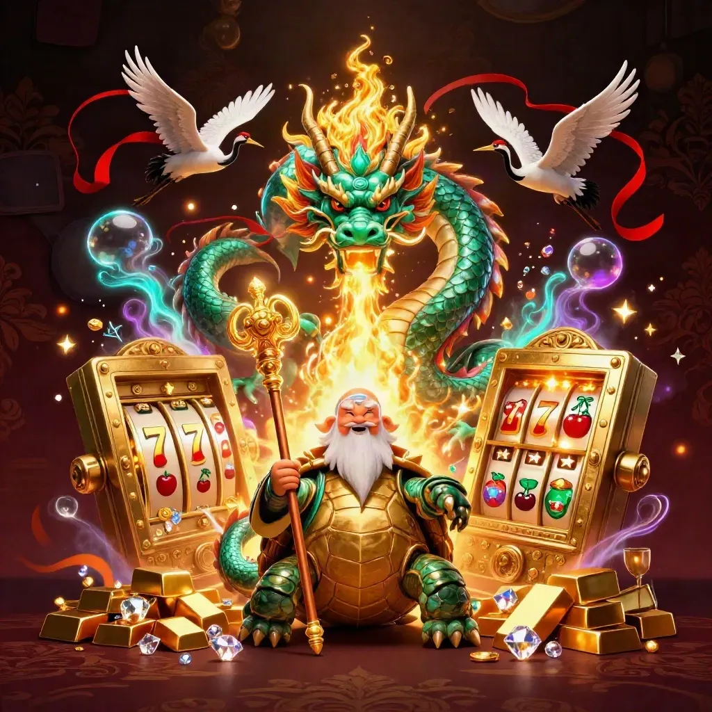 Jade dragon, turtle sage and cranes burst from a golden vault with treasure and neon glow.