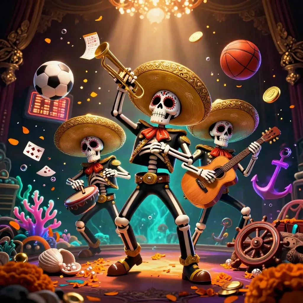 Skeleton mariachi trio with sports balls, coins, coral, and bubbles in luxe casino underwater glow.