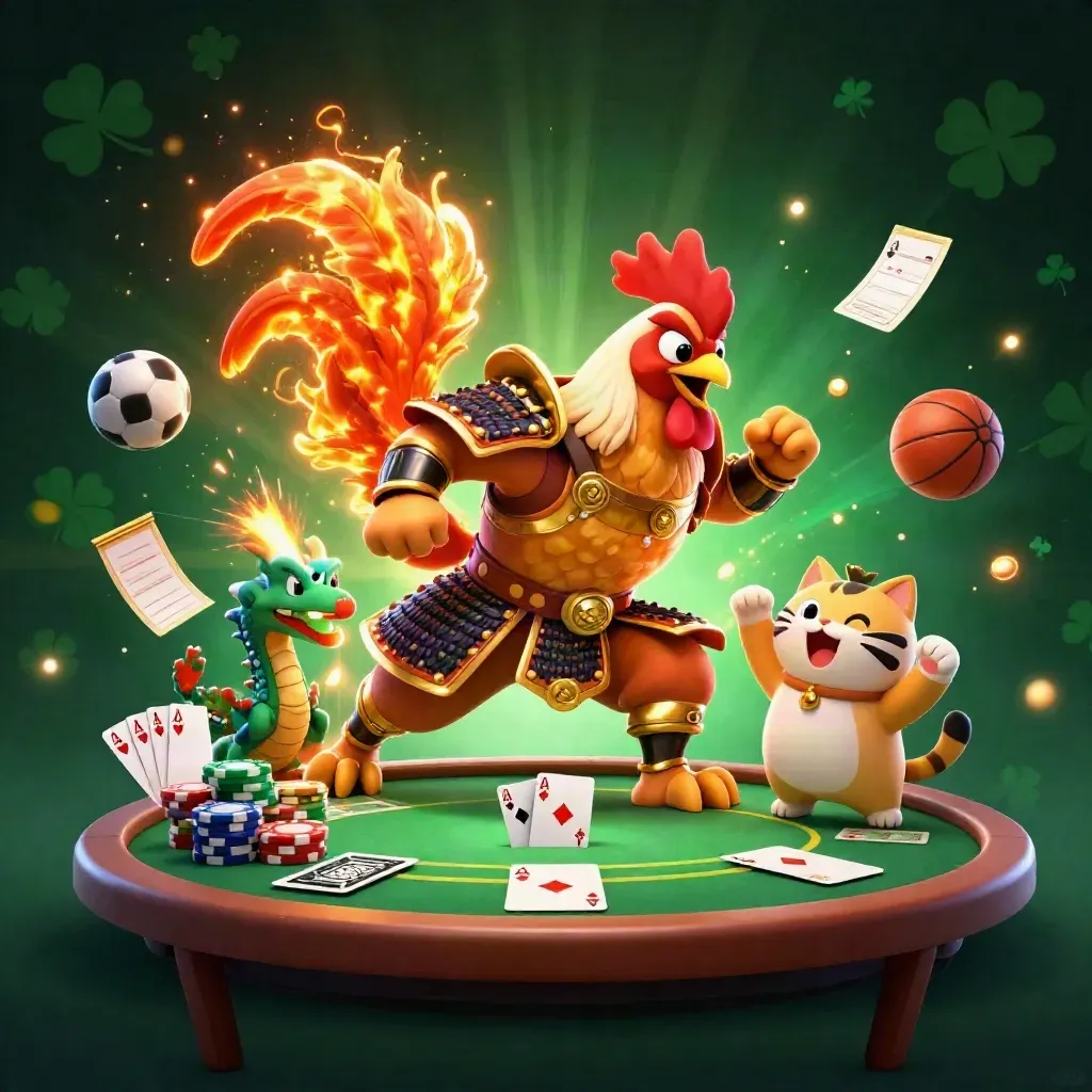 Rooster warrior, dragon hatchling, and lucky cat amid casino chips, cards, and sports balls in a dramatic glow.