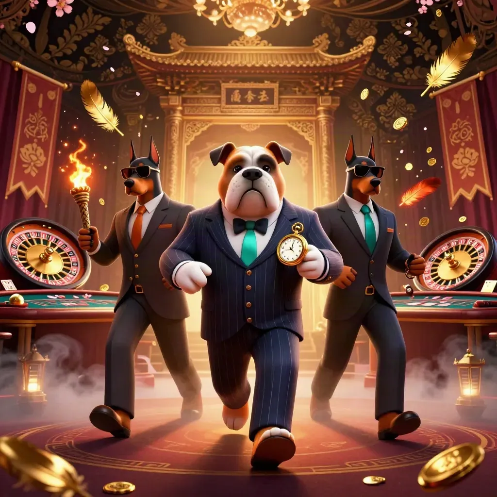 Bulldog mob boss with two Dobermans in a luxe casino hall, coins, banners, and glowing effects