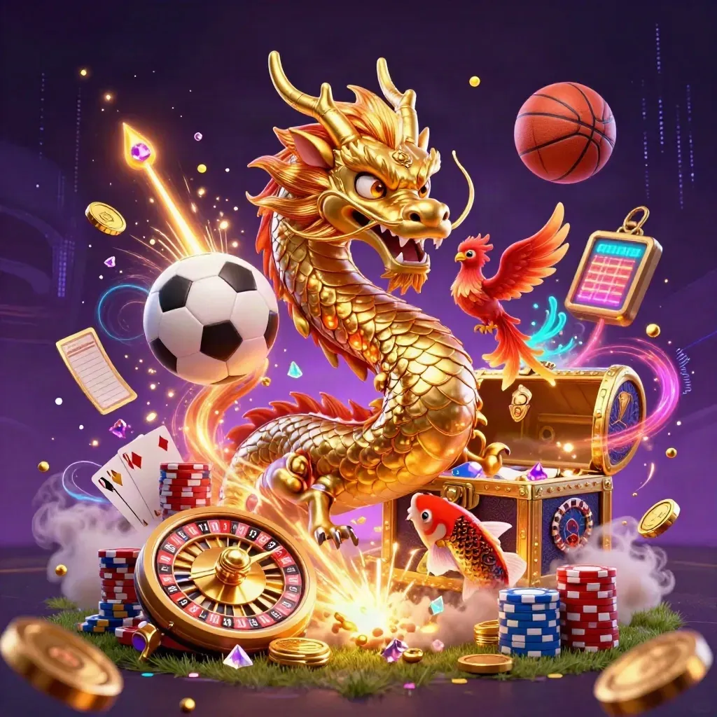 Golden dragon casino scene with sports balls, coins, chips, and neon energy