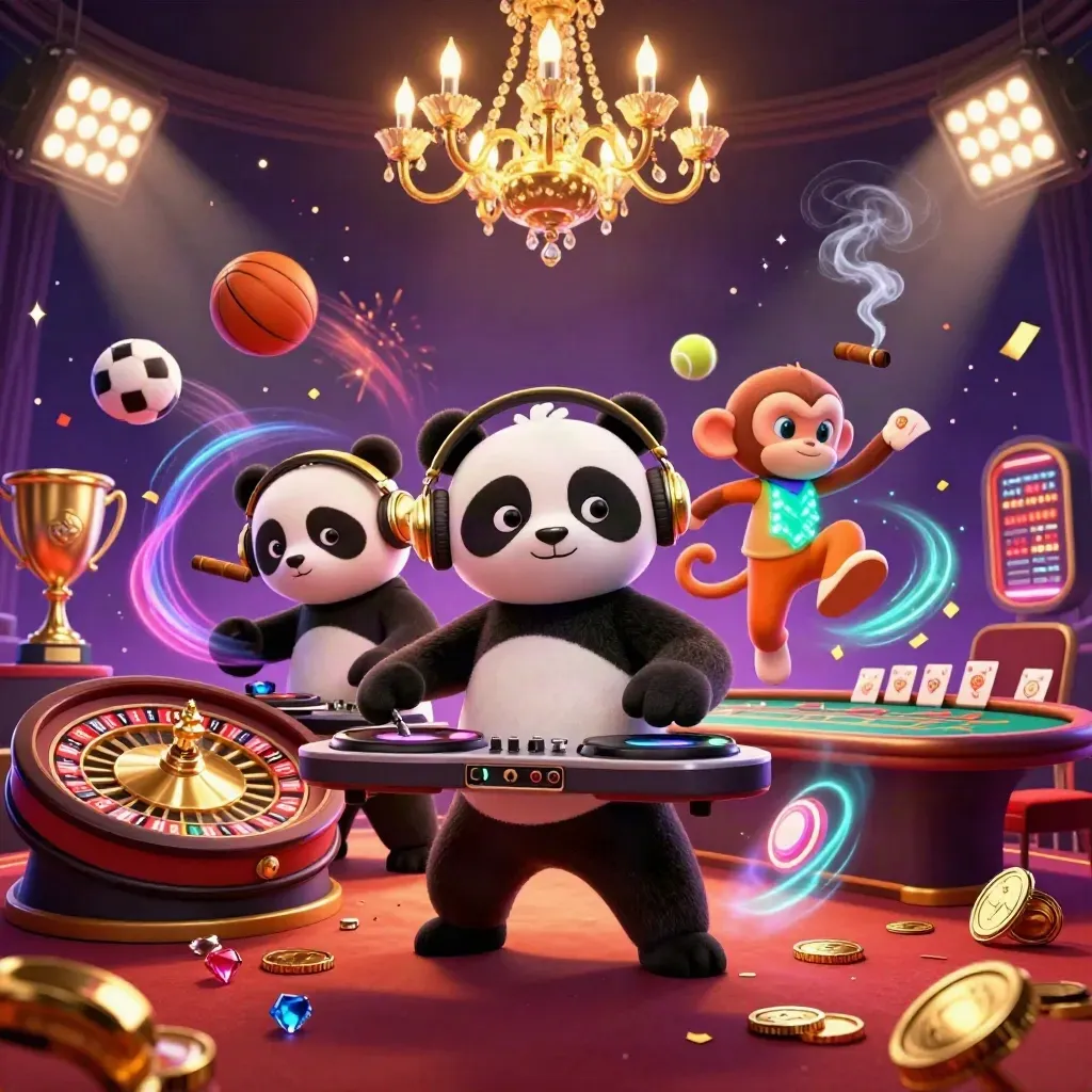 DJ panda, breakdancing monkey, and glow-stick kitten amid casino glamour, balls, trophies, and sparks