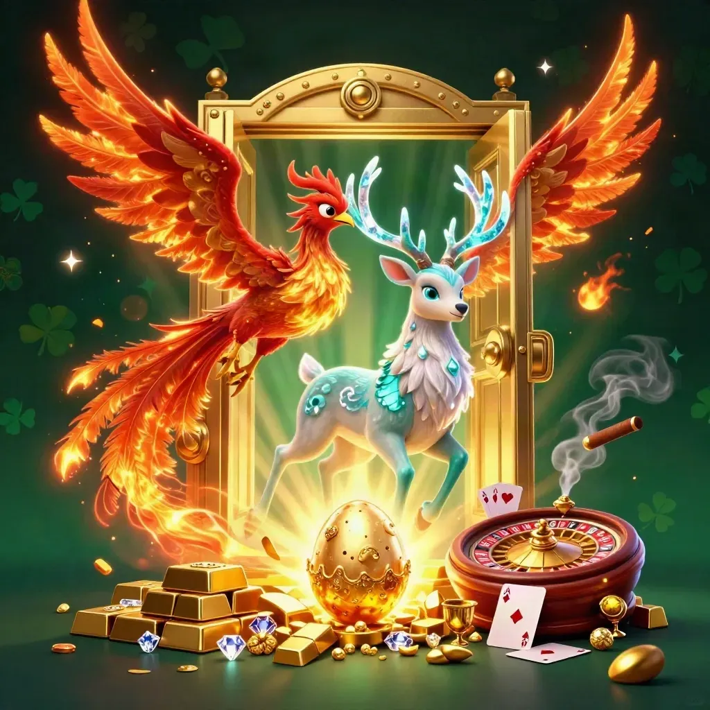 Phoenix, stag, and hatchling erupt from a vault amid gold, gems, and casino glow.