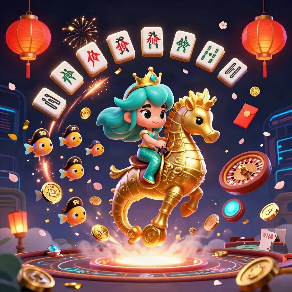 Mermaid princess on seahorse amid casino props, lanterns, coins, and neon fog