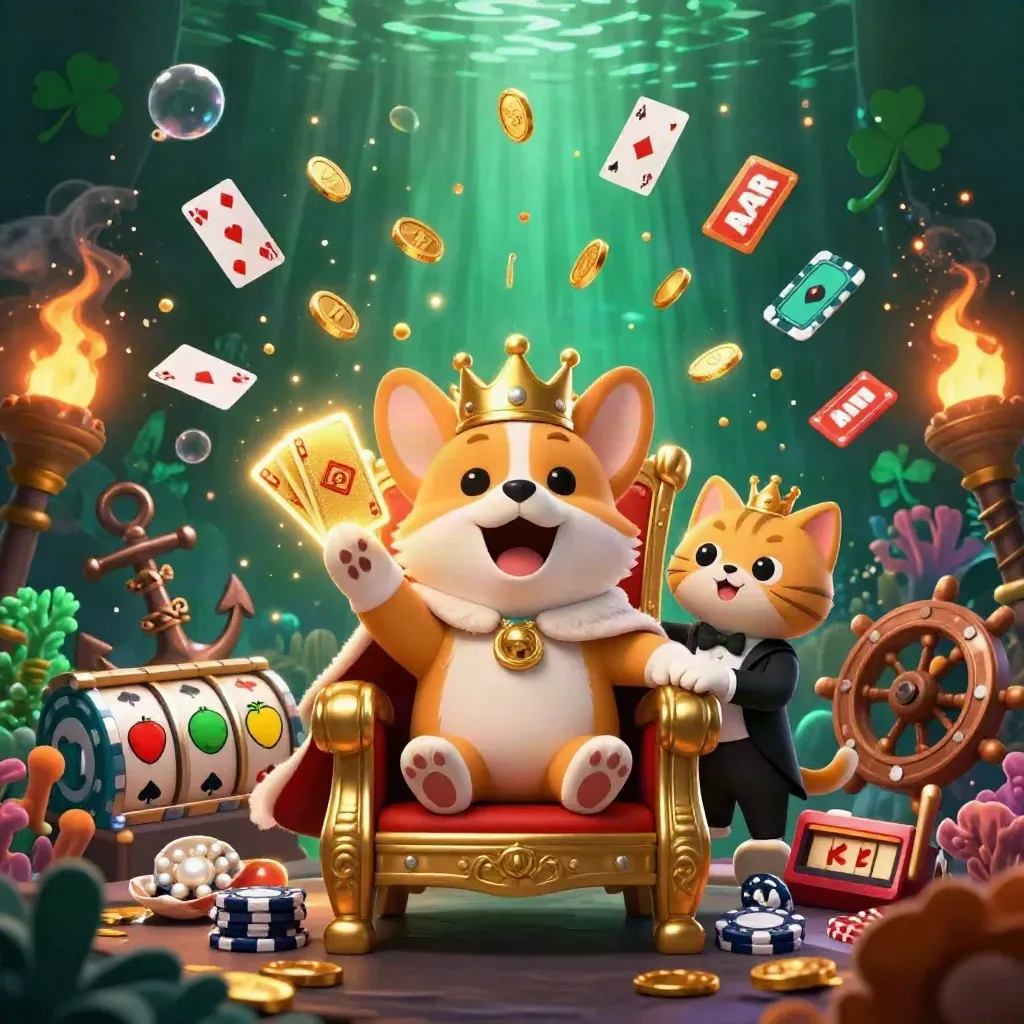 Royal corgi king and cat butler amid treasure, cards, coral, coins, and casino magic.