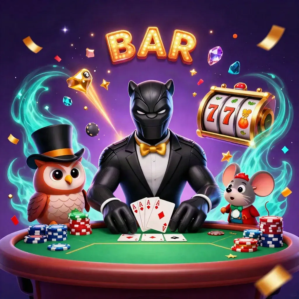 Panther, owl, and mouse at a glowing casino table amid chips, cards, fireworks, and neon energy.