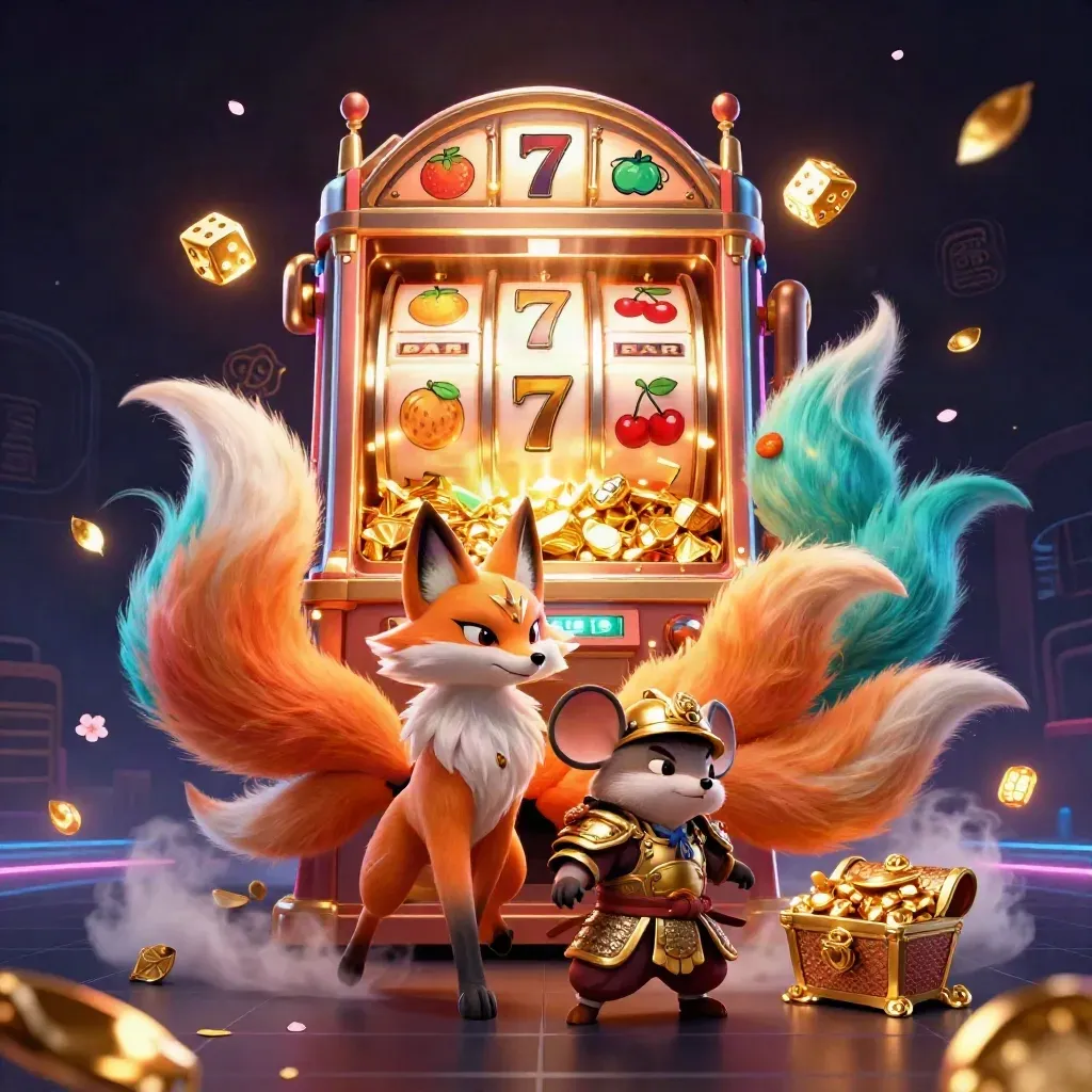 Nine-tailed fox spirit and armored samurai mouse amid exploding slot symbols, gold, and neon light