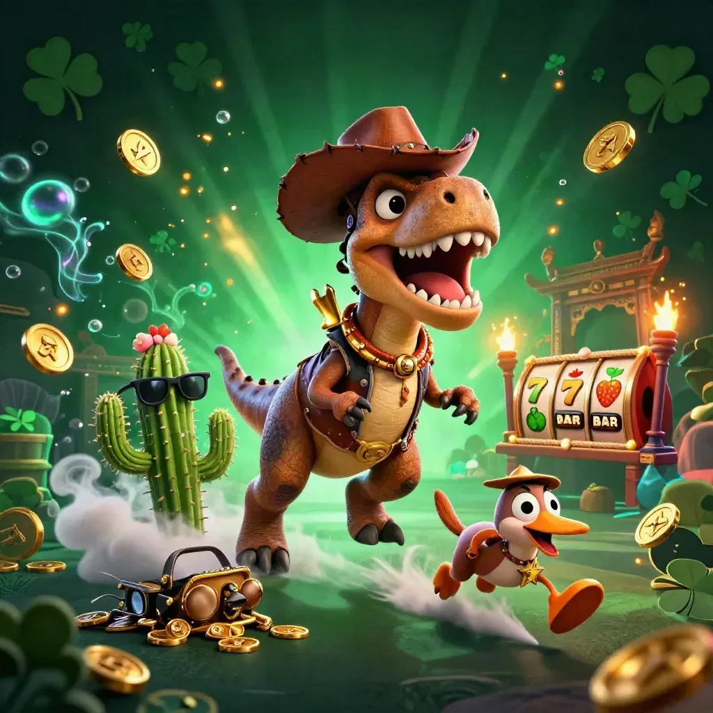 Cowboy T-Rex, cactus sidekick, and roadrunner in a glowing casino adventure with treasure and temple ruins.