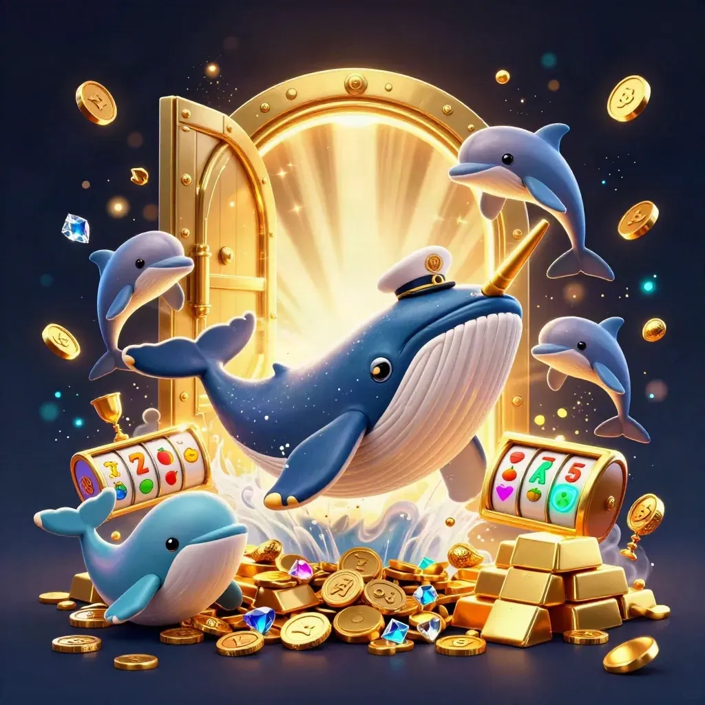 Whale captain, narwhal, and dolphins burst through coins as a vault opens in fiery casino glow.