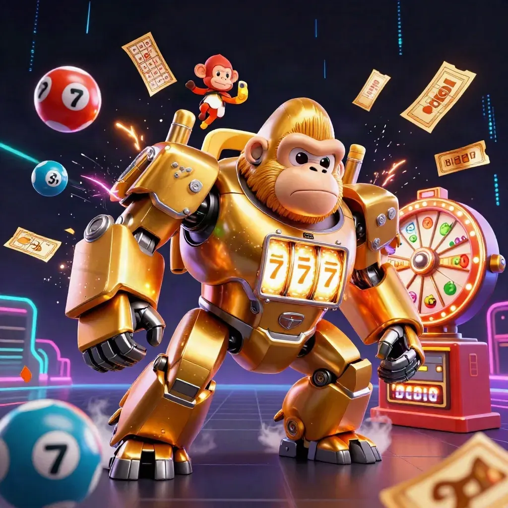 Golden gorilla mech with monkey pilot amid flying lottery balls, bingo card, prize wheel, and neon sparks.