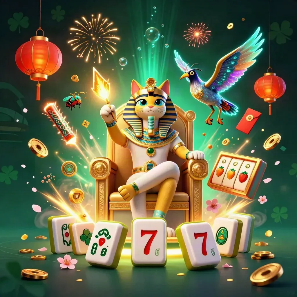Pharaoh cat, ibis scribe, and scarab beetles amid exploding casino coins and fireworks