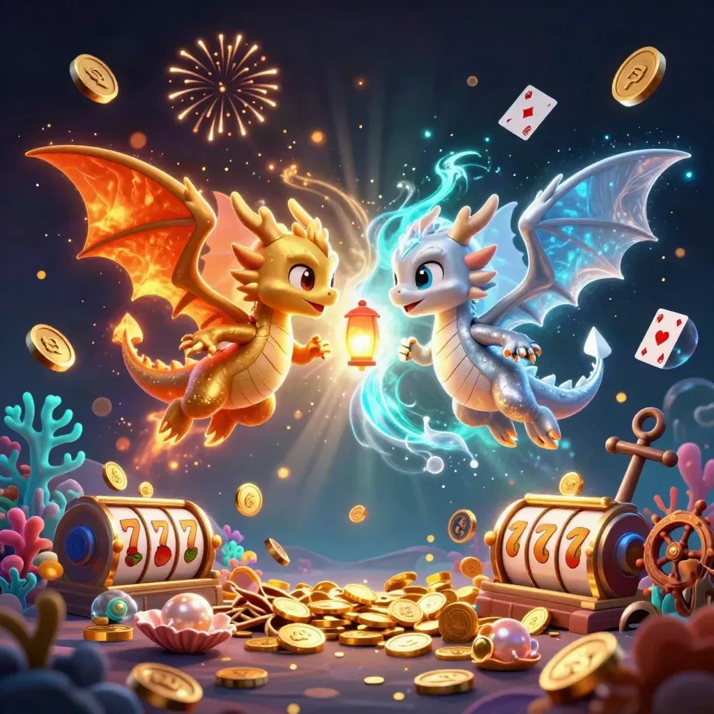 Gold and silver dragons spiral in a treasure cove with coins, coral, reels, and fireworks.