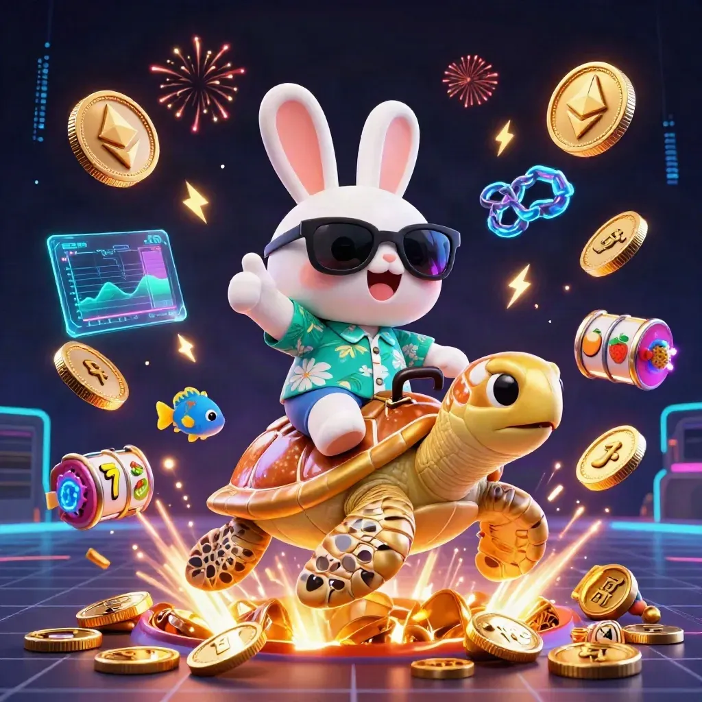 Rabbit on jeweled turtle amid coins, crypto symbols, fireworks, and neon casino effects.