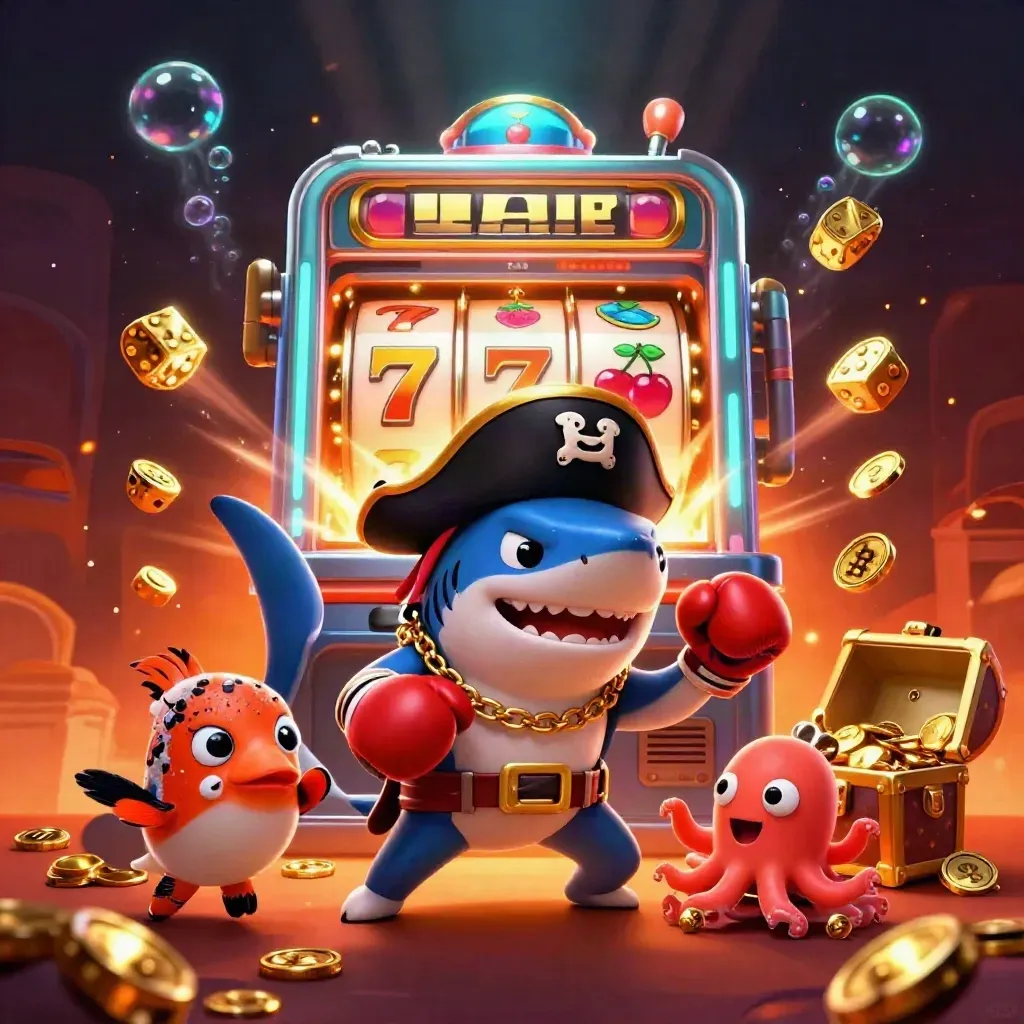 Pirate shark, boxing pufferfish, and juggling octopus amid a gold slot-machine eruption.