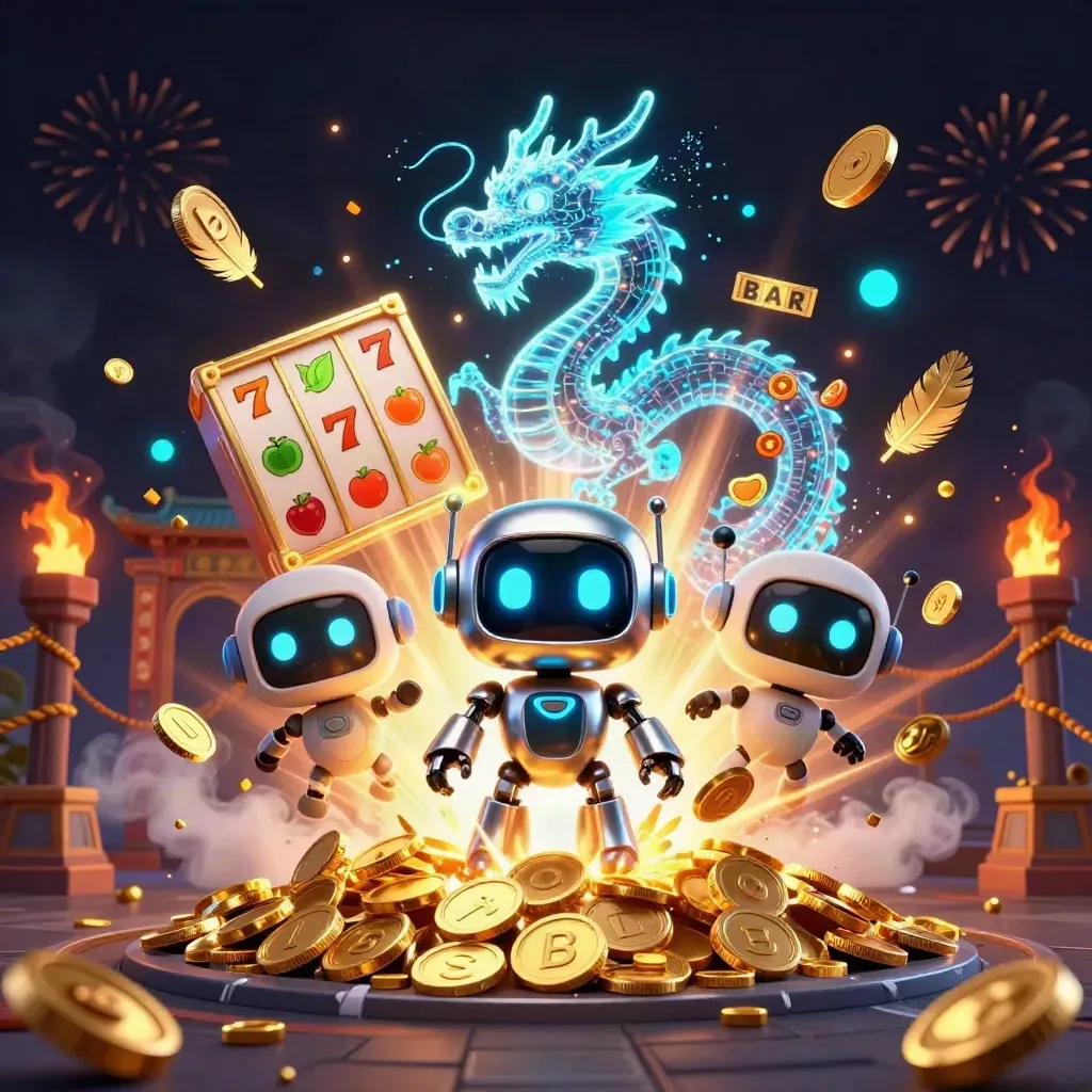 Robot, holographic dragon, and coin drone amid erupting gold, fire, and temple gate