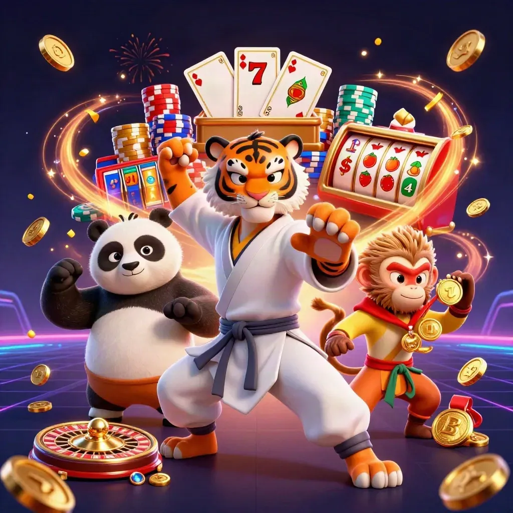 Kung-fu tiger, panda, and monkey amid casino gold, roulette, chips, and neon volcanic effects.