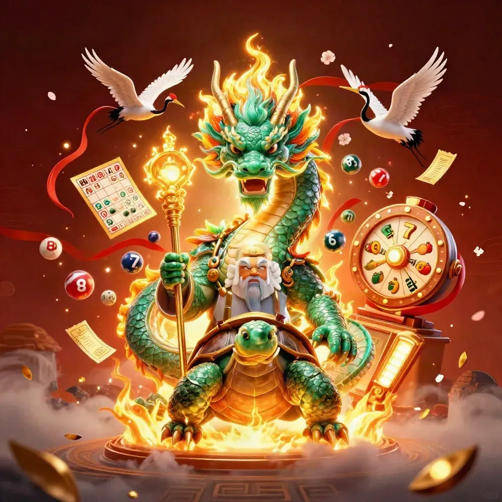 Jade dragon, turtle sage, and cranes amid casino symbols on a fiery dark background.