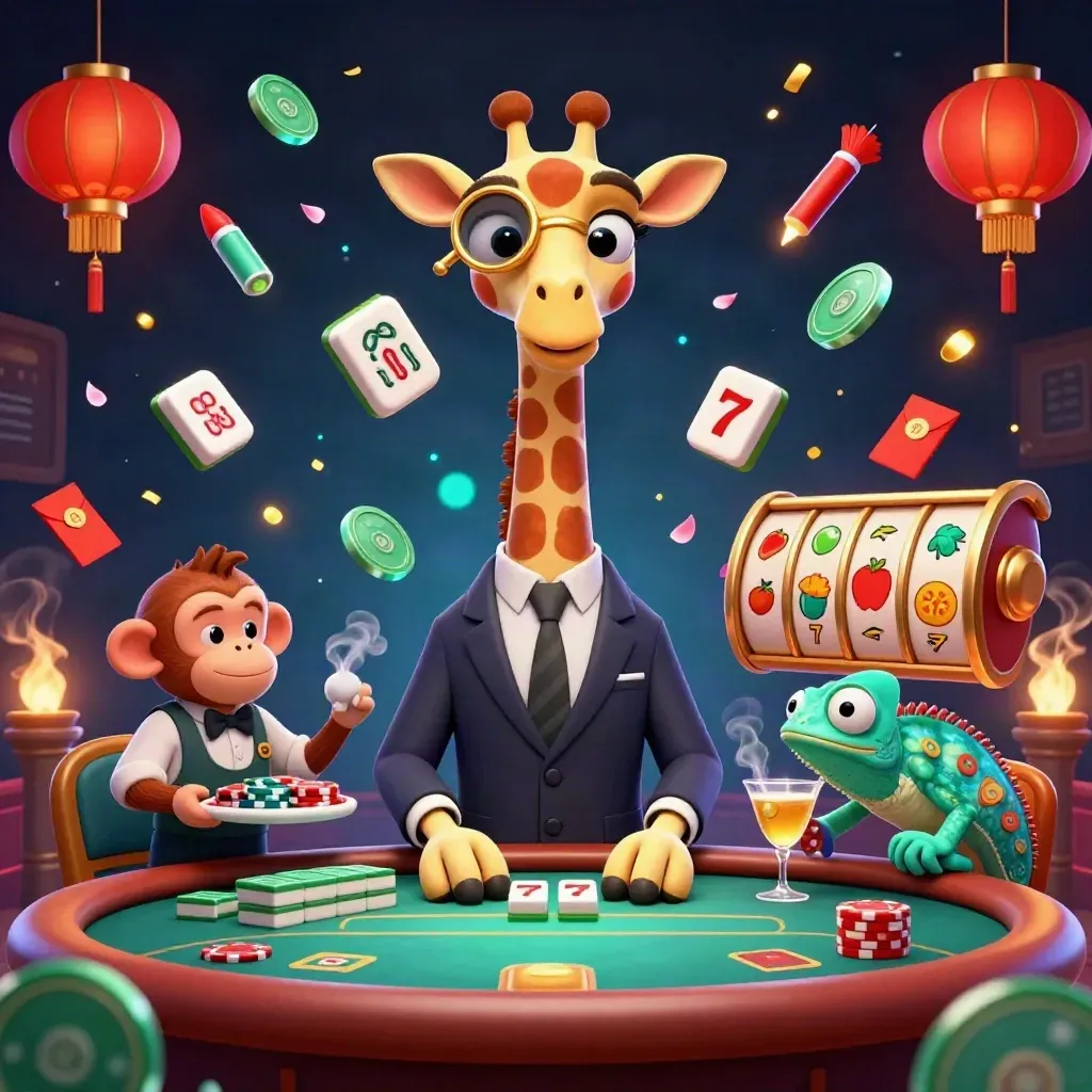 Giraffe, monkey, and chameleon at a glowing casino table amid jackpots and coins