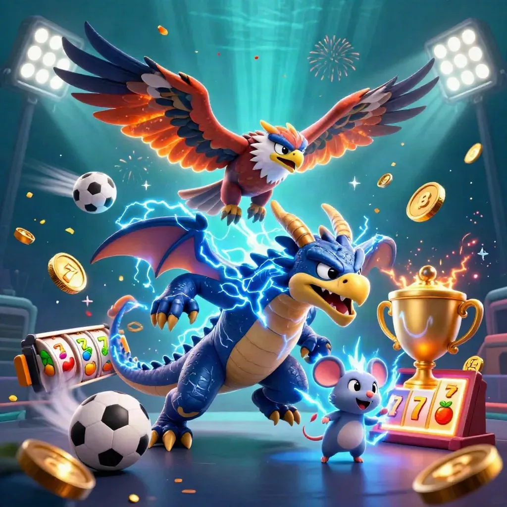 Thunder dragon, hawk, and mouse explode with casino symbols over a dark teal glow.
