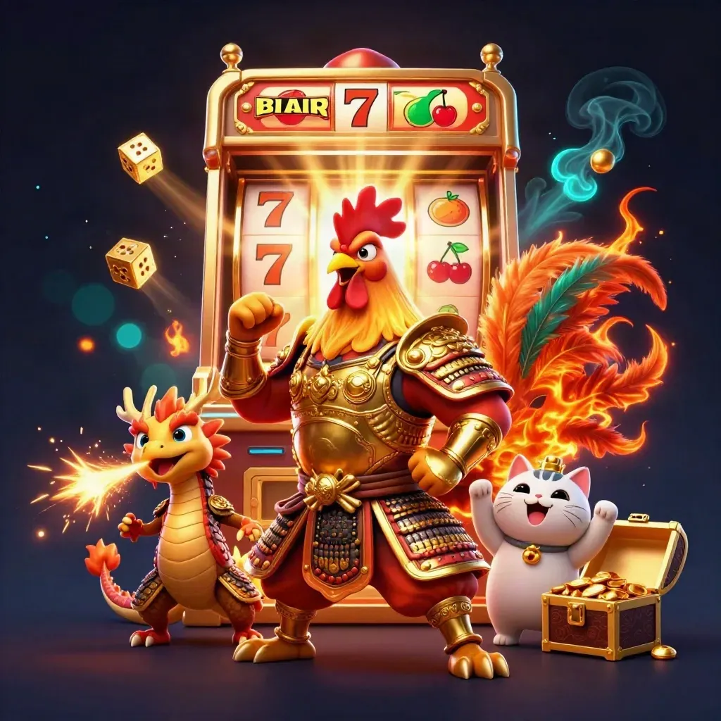 Rooster warrior, spark-breathing hatchling, and cheering fortune cat amid casino jackpots and glowing coins.