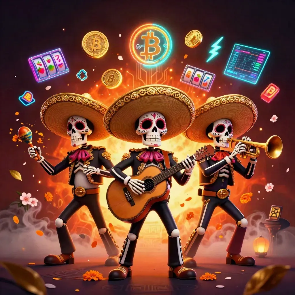 Skeleton mariachi trio amid neon coins, reels, lightning, and volcanic casino glow.