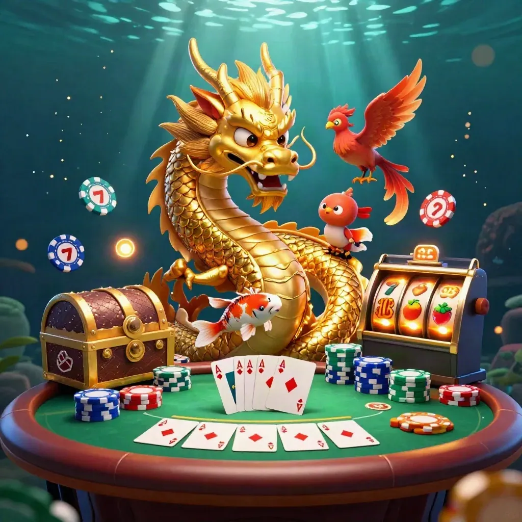 Golden dragon with phoenix, koi, chips, cards, and glowing slot symbols in a dark teal casino scene.