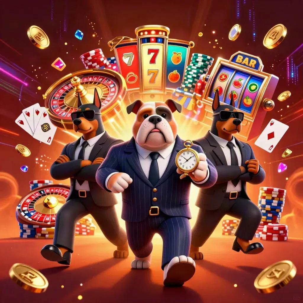 Bulldog boss and Doberman bodyguards surrounded by casino gold, chips, roulette, and neon energy